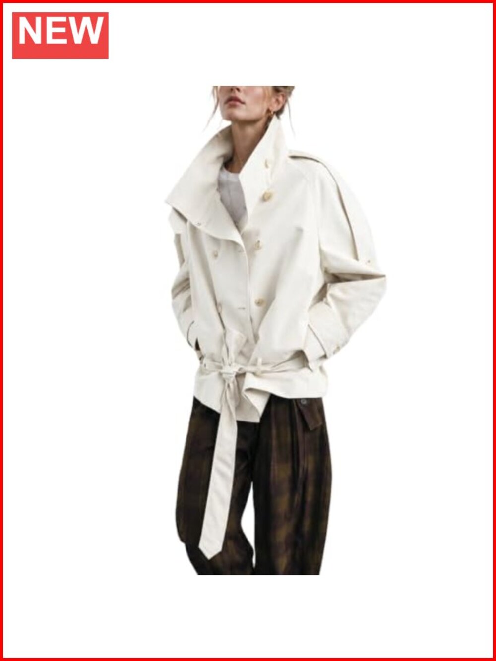 Women's Cropped Trench Coat Double Breasted High Neck Short Jacket